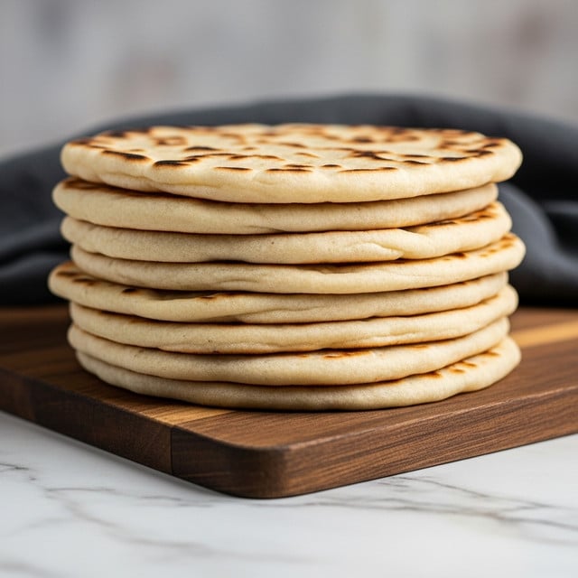 A stack of seven flatbreads sits on a dark wooden board, each flatbread showing a slightly golden-brown color with darker toasted spots scattered across the surface. The flatbreads are soft and slightly puffy, layered evenly on top of each other, with edges that are smooth and lightly browned. The background includes a dark gray cloth and a muted, blurry backdrop, all resting on a white marbled surface. photo taken with an iphone --ar 4:5 --v 7