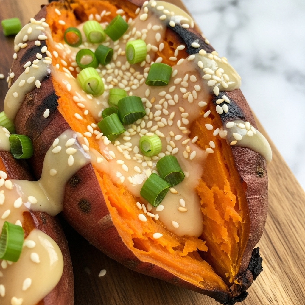 The image shows a close-up of a halved baked sweet potato on a wooden board, with vivid orange flesh topped with melted light beige sauce that pools slightly in some areas. The surface of the sweet potato has dark brown roasted spots and is sprinkled with white sesame seeds and small green onion pieces scattered unevenly on top. The bright orange color of the sweet potato contrasts with the dark edges and fresh green garnish, all placed against a white marbled texture unseen beneath the wooden board. photo taken with an iphone --ar 4:5 --v 7