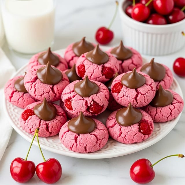 The image shows a plate filled with pink cherry cookies topped with glossy brown chocolate kisses, each cookie having a bumpy texture with small red cherry pieces visible inside. The cookies are round and slightly cracked on the surface, giving a soft and crumbly look. A few bright red cherries with stems are placed around the plate, adding a shiny contrast to the pink cookies. The plate is white with a decorative pattern and sits on a white marbled surface. In the background, there is a glass of milk and a white ramekin filled with cherries, creating a fresh and sweet setting. photo taken with an iphone --ar 4:5 --v 7