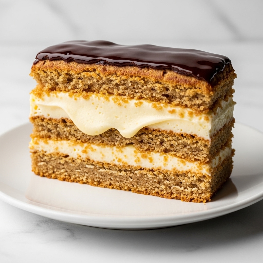 A slice of layered dessert sits on a white plate, placed on a white marbled textured surface. The dessert has four visible layers: at the bottom, a dense, crumbly golden-brown cake layer; above it, a thick creamy pale yellow filling that looks smooth and slightly melted; then another crumbly golden-brown cake layer; topped with a glossy dark brown chocolate glaze that shines under the light. The textures contrast between crunchy cake and soft creamy filling, with some crumbs scattered around the edges. Photo taken with an iphone --ar 4:5 --v 7