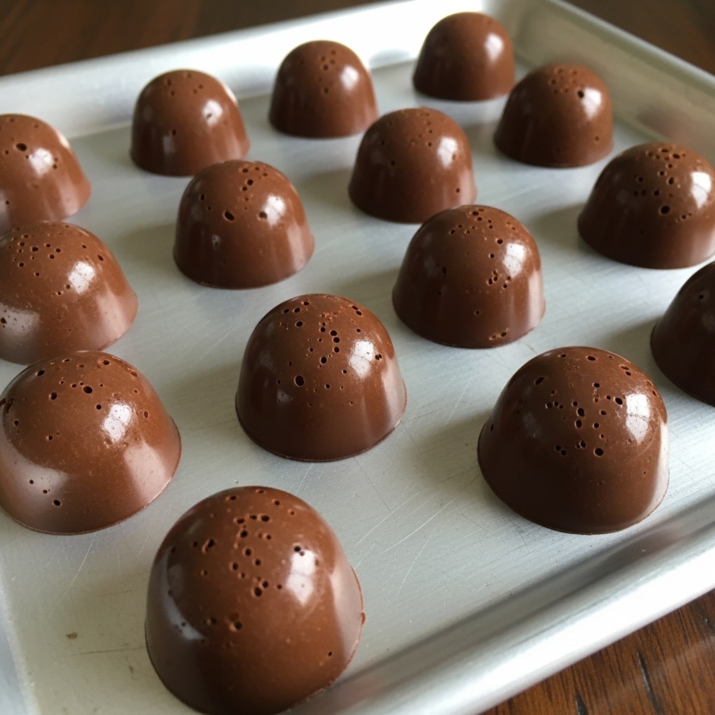The image shows a silver tray filled with eleven small, dome-shaped chocolate treats. Each piece is smooth and shiny with a rich brown color, and they have a slightly uneven texture with minor imperfections and a glossy finish. The chocolates are arranged in a scattered manner across the tray, which rests on a dark wooden surface. The overall look is simple and rustic with the chocolates appearing freshly made and cool. Photo taken with an iphone --ar 4:5 --v 7