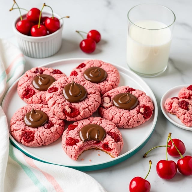 The image shows several pink cookies with a rough, crumbly texture, studded with small pieces of bright red cherries, arranged on a white round plate with a teal edge. Each cookie has a smooth, glossy dollop of dark milk chocolate in a teardrop shape pressing into the center. A bite is taken out of one cookie, revealing its soft pink interior with bits of cherry. Bright red cherries with stems are placed around the plate and in a small white ramekin in the background. A clear glass of milk stands next to the plate on a white marbled surface. A white cloth with pastel stripes is partially visible in the lower left corner. Photo taken with an iphone --ar 4:5 --v 7