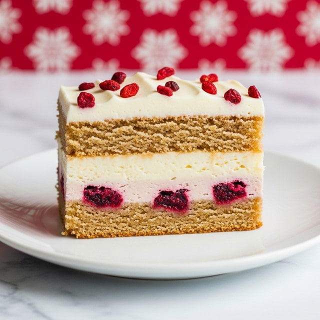 A single slice of cake is on a white plate with a white marbled texture below. The cake has three main layers: the bottom layer is thick and golden brown with visible chunks of dark red berries inside. Above that is a creamy off-white layer in the middle. The top layer is thick white frosting spread smoothly across the cake, decorated with scattered dried red berries. The background has a festive red and white pattern with snowflakes. Photo taken with an iphone --ar 4:5 --v 7