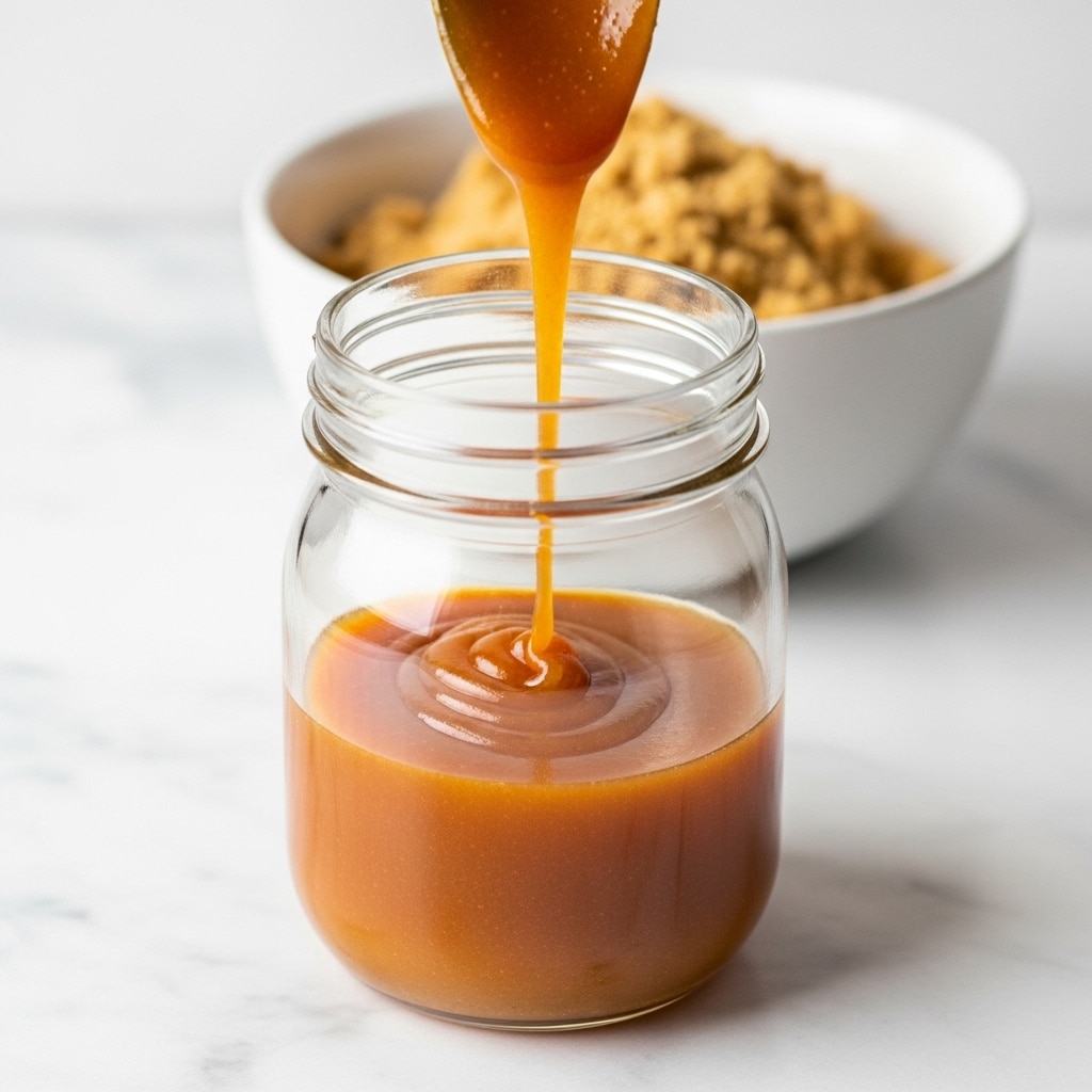 The image shows a clear glass jar placed on a white marbled surface with a thick, shiny orange sauce being poured into it from a spoon above, creating ripples inside the jar. Behind the jar, there is a white bowl filled with a crumbly light brown mixture, slightly out of focus. The sauce is smooth with a glossy texture, and the jar is about halfway filled by the sauce. Photo taken with an iphone --ar 4:5 --v 7