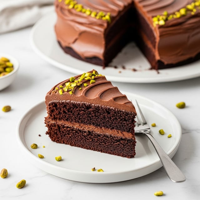 A single slice of rich, dark chocolate cake sits on a round white plate, showing one thick layer of moist chocolate cake at the bottom with a smooth, thick layer of creamy chocolate frosting on top. The frosting is glossy and slightly swirled, with small crushed pistachio nuts scattered over the top and around the plate. A silver fork rests beside the cake slice on the plate, and parts of the whole chocolate cake, also topped with frosting and pistachios, are visible blurred in the background on a larger white plate. The surface beneath the plates is a white marbled texture. photo taken with an iphone --ar 4:5 --v 7