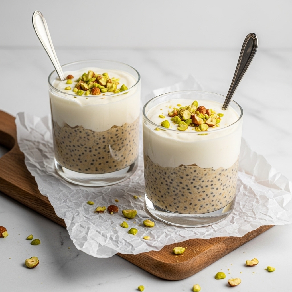 Two clear glass cups each contain two layers of a creamy dessert. The bottom layer is thick and beige with visible small black seeds, having a textured, pudding-like look. The top layer is smooth and white, covering the beige layer evenly. Both cups are topped with chopped green and brown nuts scattered on the white layer. Each cup has a silver spoon sticking out. The cups sit on a crumpled white paper on top of a wooden board, placed on a white marbled surface. Some chopped nuts are scattered around the board for decoration. photo taken with an iphone --ar 4:5 --v 7
