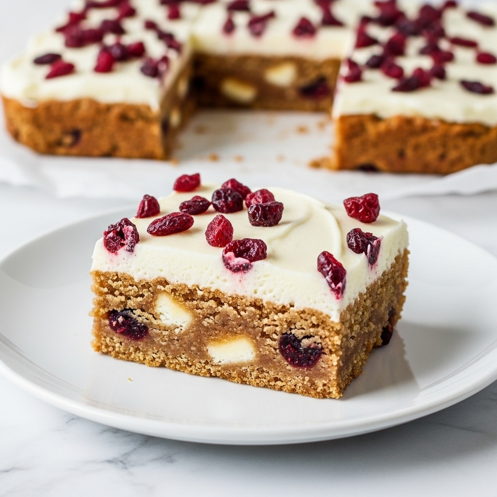 A single slice of a thick, light brown dessert bar sits on a white plate with a white marbled background. The bottom layer is dense and crumbly with visible pieces of white chunks and dark red bits inside. On top is a smooth, white frosting layer decorated with scattered dark red dried fruit pieces. In the background, part of the remaining dessert with the same layers is visible on parchment paper. Photo taken with an iphone --ar 4:5 --v 7