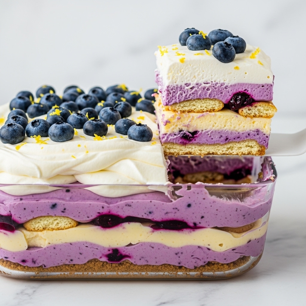 A multi-layered dessert served in a clear glass dish on a white marbled surface, showing distinct layers from bottom to top: a thick purple cream base with visible blueberry specks, followed by a creamy pale yellow layer, a layer of soft light brown biscuit pieces, another purple cream layer, another pale yellow cream layer, topped with a thick white whipped cream layer. Fresh blueberries dot the top whipped cream, along with small sprinkles of lemon zest. A square piece is being lifted by a white spatula, exposing the creamy layers and soft biscuits inside. The texture looks smooth and creamy with biscuits adding slight graininess. photo taken with an iphone --ar 4:5 --v 7