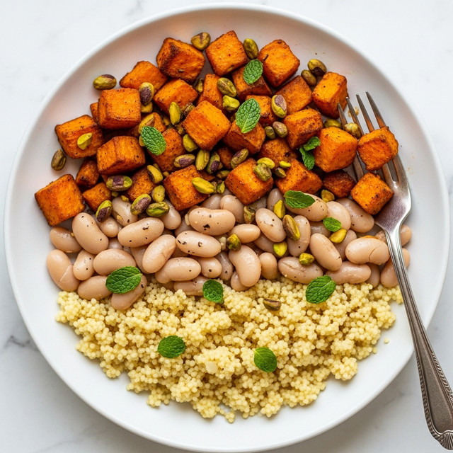 A close-up top view of a white plate filled with three main layers: the bottom layer is light yellow couscous with a soft, grainy texture; the middle layer includes large, smooth white beans scattered evenly; the top layer consists of cubes of roasted orange sweet potatoes with a slightly crispy texture, some chopped green pistachios, and small green mint leaves scattered throughout. A silver fork rests on the right side of the plate partially touching the food. The plate sits on a white marbled surface. photo taken with an iphone --ar 4:5 --v 7