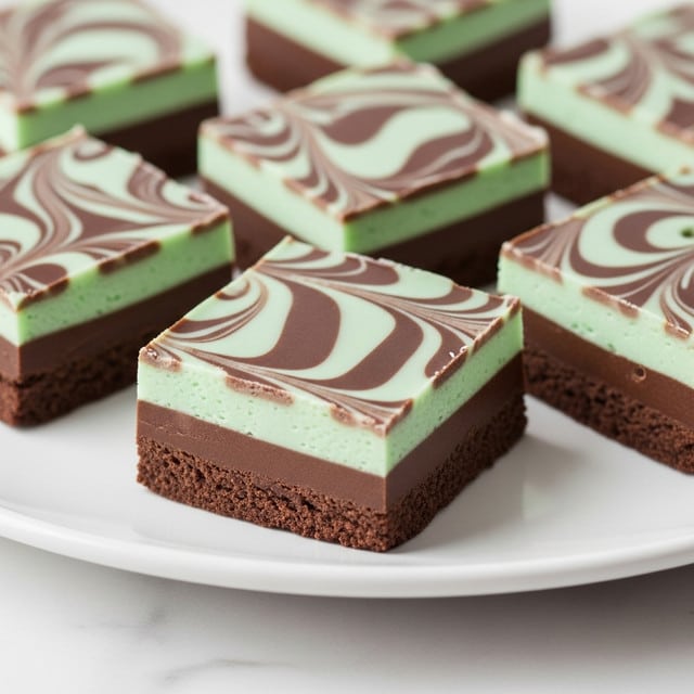 The image shows a close-up of square pieces of chocolate candy with two colorful layers. The bottom layer is dark brown and smooth, while the top layer is pale green with dark brown swirls that curve and flow in a marble pattern. The candy pieces are placed on a clean white plate, which sits on a white marbled surface. Each square piece shows clear, sharp edges and a glossy finish, with the swirling pattern making each one unique. photo taken with an iphone --ar 4:5 --v 7