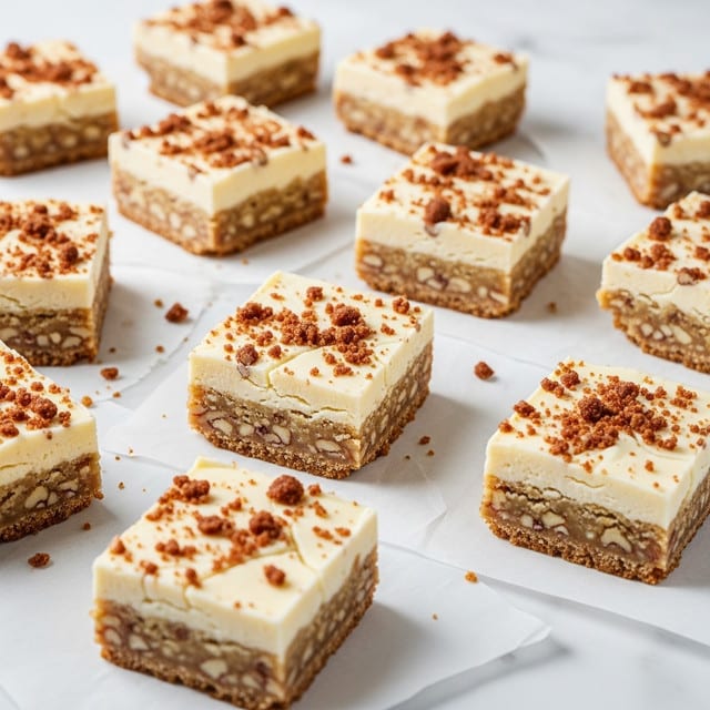 The image shows several square pieces of a creamy white fudge mixed with small chunks of crunchy brown bits and nuts, stacked in two layers in the center. The top square piece has a few bigger crumbly brown clusters placed on it, adding rough texture contrast. More pieces and crumbs are scattered around on a white marbled surface, creating a casual and inviting look. The overall colors are creamy white with light brown and golden nut tones. Photo taken with an iphone --ar 4:5 --v 7