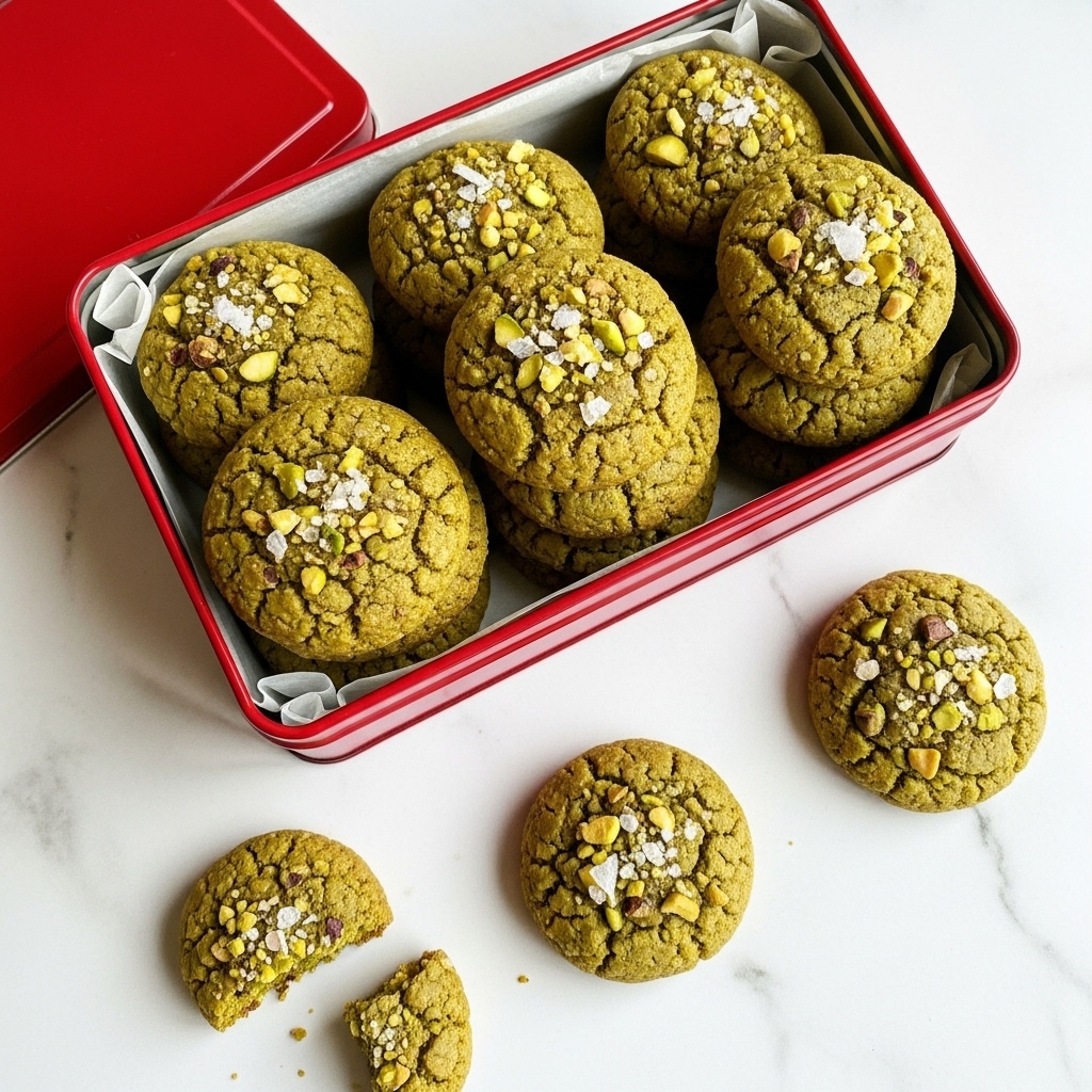 A red metal box filled with round, green cookies topped with coarse salt and crushed nuts, neatly stacked inside with a few cookies scattered outside the box on a white marbled texture; the cookies have a crumbly texture with a slightly golden crust showing hints of pistachio green and light brown. photo taken with an iphone --ar 4:5 --v 7