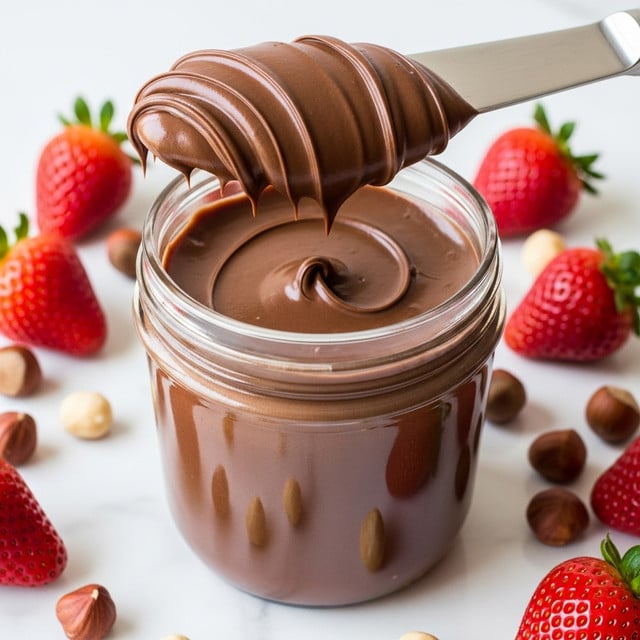 A close-up image showing a shiny, smooth jar filled with thick, dark brown chocolate spread. A metal spreader holds a dollop of the creamy chocolate above the jar, with soft folds in the spread visible. The jar is set on a white marbled surface, surrounded by bright red fresh strawberries and shelled hazelnuts around the edges of the frame. The colors focus mainly on the rich brown of the chocolate contrasted with red strawberries and light brown nuts, all under bright lighting. photo taken with an iphone --ar 4:5 --v 7