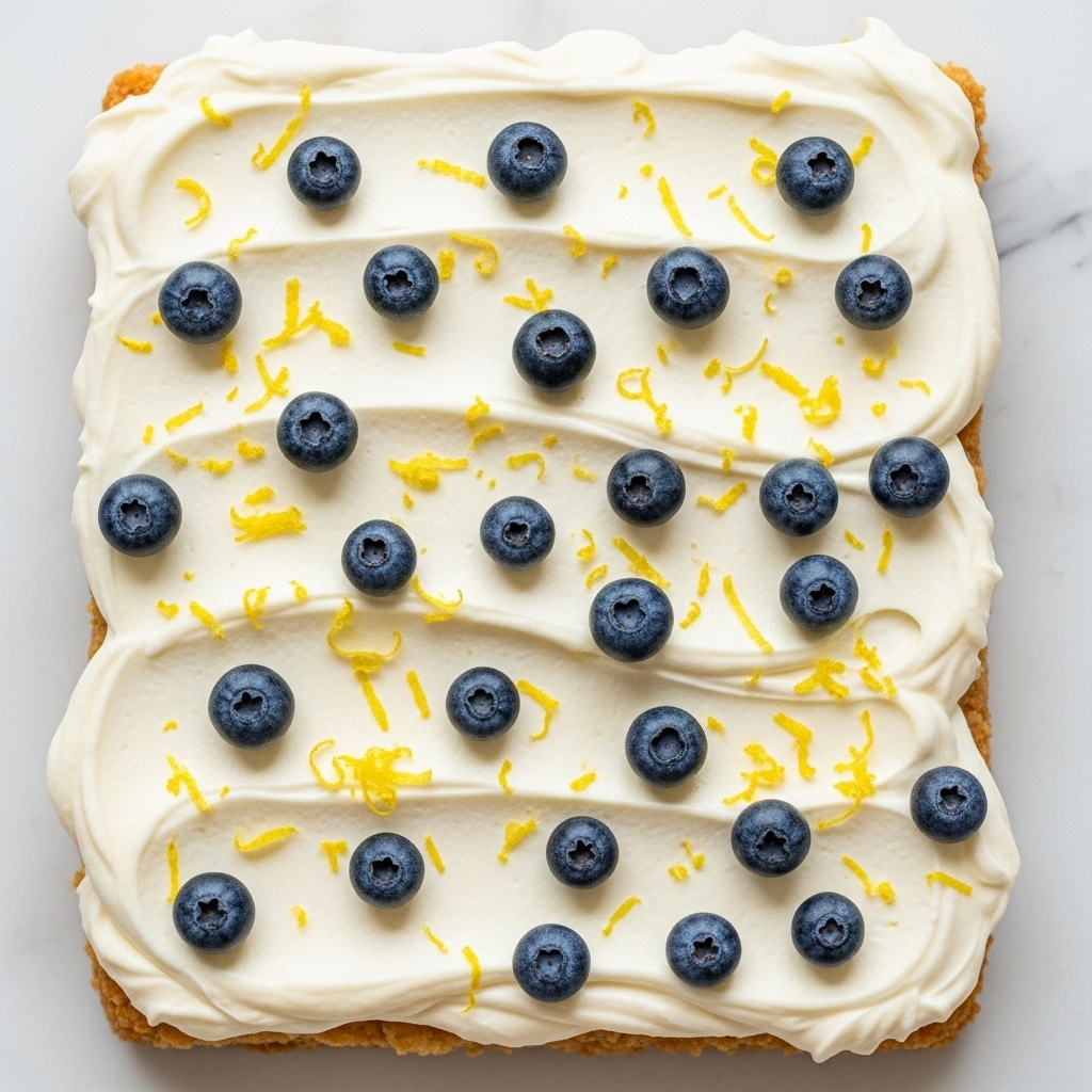 A creamy white layer of smooth frosting spreads thickly across a flat surface, with soft, wavy texture created by gentle swirling motions. Scattered evenly over the frosting are round, deep blue blueberries that add a pop of dark color against the white. Bright yellow lemon zest is sprinkled lightly on top, creating small, thin strands that contrast vividly with both the white frosting and the blueberries. The dish is shown on a white marbled texture background. photo taken with an iphone --ar 4:5 --v 7