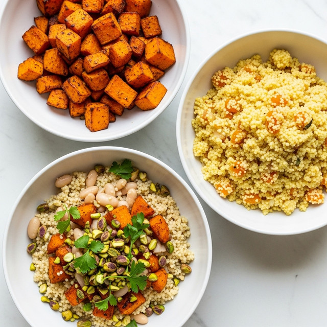The image shows three white bowls placed on a white marbled surface. The bowl on the top left contains roasted sweet potato chunks, which are orange with a slightly browned surface. The bowl on the right is filled with fluffy yellow couscous mixed with small orange pieces, possibly dried apricots or carrots, giving it a textured look. The bowl at the bottom left holds a layered dish, starting with a base of couscous, topped with white beans, pieces of roasted sweet potatoes similar to the first bowl, scattered green herbs, and crushed pistachios, adding a mix of white, orange, green, and beige colors with varied textures. Photo taken with an iphone --ar 4:5 --v 7