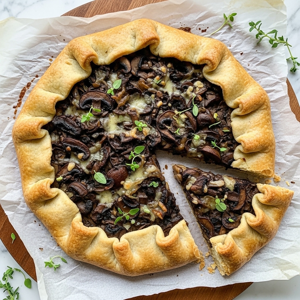 The image shows a rustic galette with a golden, flaky crust folded over the edges of the filling, which consists of sautéed brown mushrooms and caramelized onions mixed with melted cheese. The filling is dark brown with a shiny, slightly oily texture and small green herb leaves scattered across the top. The galette is placed on parchment paper over a wooden board, with a few sprigs of fresh herbs nearby. One slice is slightly pulled out, revealing the thick, soft crust and rich filling inside, all set on a white marbled surface. photo taken with an iphone --ar 4:5 --v 7