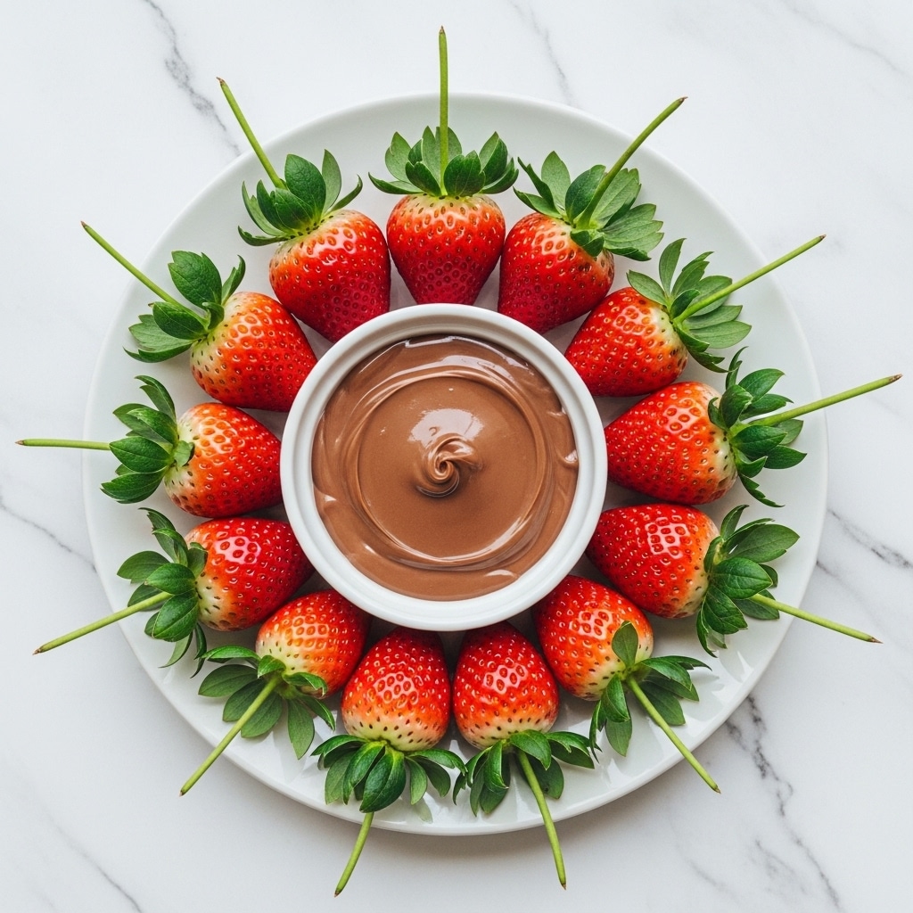 A white plate filled with a ring of bright red strawberries with green leaves around the edges, and in the center a small white bowl containing smooth, glossy milk chocolate spread with visible swirls on the surface, all placed on a white marbled texture. photo taken with an iphone --ar 4:5 --v 7