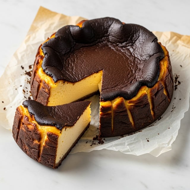 A Basque burnt cheesecake sits on crumpled parchment paper, showing a thick, creamy yellow inside layer with a smooth texture, surrounded by a dark, almost black burnt crust that folds unevenly around the edges, giving it a rustic look; one thick slice is cut out and placed next to the main cake, revealing the soft interior and the contrast with the dark, slightly rough outer layer underlined by burnt brown patches. All of this rests on a white marbled surface. photo taken with an iphone --ar 4:5 --v 7