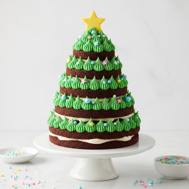 The cake is shaped like a Christmas tree with five visible layers of dark brown chocolate cake and light cream filling in between. The outside is covered with bright green frosting piped in small pointed dollops to mimic pine needles. The frosting is decorated with small round and star-shaped sprinkles in pastel blue, pink, and white colors, giving it a festive look. At the top of the tree is a yellow star-shaped decoration. The cake sits on a white pedestal cake stand, placed on a white marbled surface with some scattered colorful sprinkles and a small white bowl with more sprinkles nearby. photo taken with an iphone --ar 4:5 --v 7
