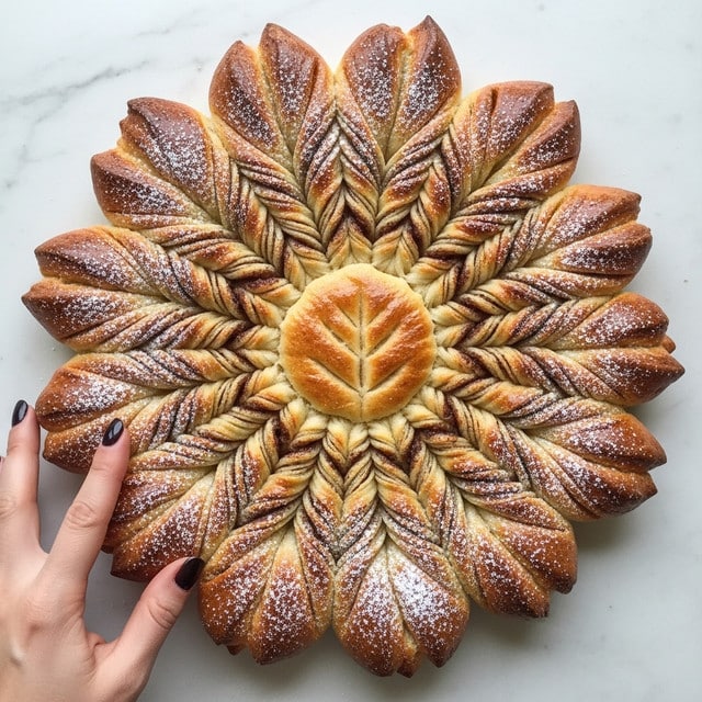 A round, star-shaped bread with a detailed pattern is shown on a white marbled surface. The bread has many twisted layers, each golden brown with darker edges and sprinkled with white powdered sugar. The center of the bread is a smooth, darker golden circle shaped like a leaf. A woman's hand with dark nail polish is gently touching one of the twisted outer sections, emphasizing the soft texture of the bread. Photo taken with an iphone --ar 4:5 --v 7