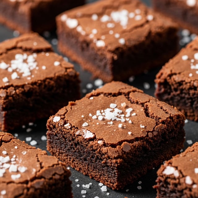 Several square brownies are scattered on a dark surface, showing a cracked, shiny top layer with a rich chocolate brown color and slightly textured edges. The brownies have a dense and moist inside layer that can be seen through the cracks, and they are sprinkled with coarse white sea salt flakes on top and around them. The close-up angle emphasizes the contrast between the dark chocolate brown of the brownies and the bright white salt, highlighting the rough, rustic texture. Photo taken with an iphone --ar 4:5 --v 7