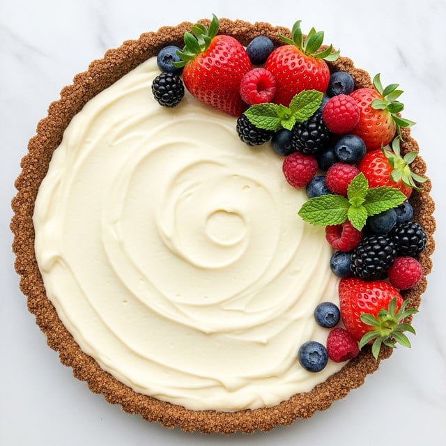 A round tart with a crumbly brown crust forms the base, filled with a smooth, pale yellow creamy layer that spreads evenly inside the crust. On the top right side of the tart, there is a cluster of fresh fruits including bright red strawberries with green leaves, dark blackberries, deep blue blueberries, and small red raspberries, all nestled together with a few sprigs of fresh green mint. The tart sits on a white marbled surface. photo taken with an iphone --ar 4:5 --v 7