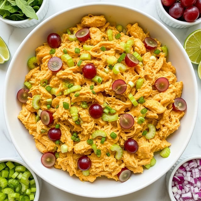 A large white bowl filled with a creamy chicken salad made of shredded yellowish chicken coated in a thick, bright orange sauce, mixed with light green celery slices and halved small red grapes showing purplish interiors; the salad is sprinkled with finely chopped green onions on top, adding small vivid green pieces throughout. The bowl is placed on a white marbled surface with small bowls nearby containing extra ingredients like green leafy vegetables, more grapes, diced red onions, and lime wedges partly visible at the edge. Photo taken with an iphone --ar 4:5 --v 7