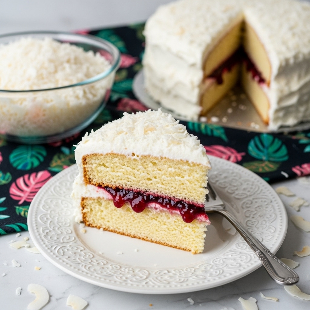 A slice of two-layer white cake sits on a white plate with a detailed grey floral pattern, with a silver fork resting beside it. The cake layers are thick and soft with a light golden crust, separated by a thick dark red jam filling that looks glossy and rich. The outside of the cake is covered in a fluffy white frosting that has shredded coconut sprinkled over it, adding texture and brightness. In the background, a glass bowl topped generously with white shredded coconut is partially visible on a dark cloth with green and pink leaf and flower patterns, all set on a white marbled surface with some scattered coconut pieces. Photo taken with an iphone --ar 4:5 --v 7