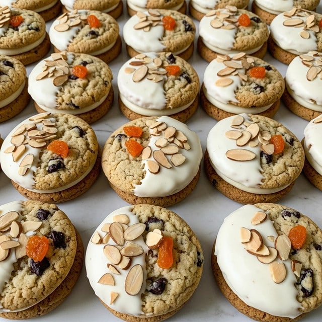The image shows rows of round cookies arranged closely together on a white marbled surface. Each cookie has two layers: the base layer is a light beige cookie with visible small dark chocolate chips and dried fruit pieces embedded inside. The top layer covers about half of each cookie and is a smooth, creamy white icing. On top of the icing, there are thin almond slices and small bits of orange dried fruit scattered evenly. The cookies are touching each other, creating a neat and repetitive pattern. photo taken with an iphone --ar 4:5 --v 7