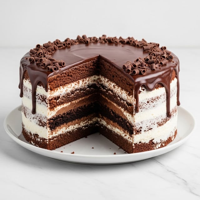 A multi-layered chocolate cake is shown on a white plate placed on a white marbled surface. The cake has four thick dark brown chocolate sponge layers, each separated by smooth white cream filling. The top layer is covered with a thick dark chocolate glaze that gently drips down the sides. Tiny chocolate shavings and curls are scattered across the top for decoration. A slice has been removed, revealing the contrasting dark and white layers inside. Photo taken with an iphone --ar 4:5 --v 7