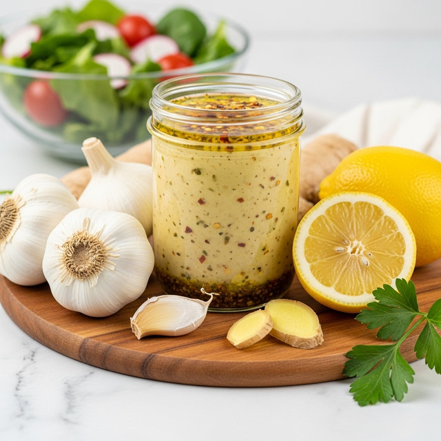A clear glass jar is filled to the top with a pale yellow sauce that has small green and red spice flakes mixed in, giving it a slightly textured look. The jar sits on a round wooden board placed on a white marbled surface. Around the jar, there are three whole garlic bulbs with white papery skins, a lemon cut in half showing its bright yellow, juicy inside along with a whole lemon, light tan ginger root pieces, and fresh green parsley leaves. A blurred bowl of green salad with red tomatoes and purple radishes is visible in the background. photo taken with an iphone --ar 4:5 --v 7