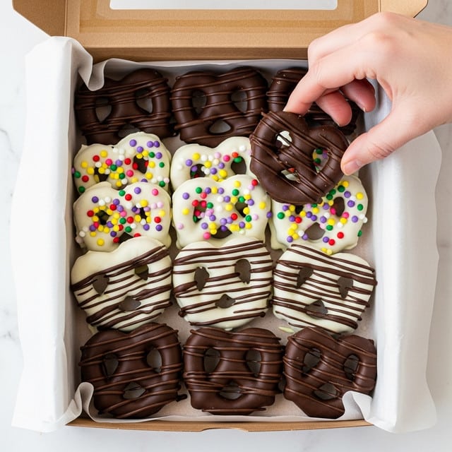 The image shows a box filled with chocolate-covered pretzels, with layers of different colors and textures. The bottom layer is white parchment paper, lining the brown cardboard box. On top, there are multiple pretzels, some covered fully in smooth dark chocolate with thin dark chocolate drizzles across them, and others covered in white chocolate, decorated with colorful round sprinkles in red, green, yellow, and purple. One pretzel is fully coated in white chocolate with dark chocolate stripes, adding a shiny, smooth texture. A woman's hand is reaching into the box to pick a dark chocolate pretzel. The background is a white marbled texture. photo taken with an iphone --ar 4:5 --v 7