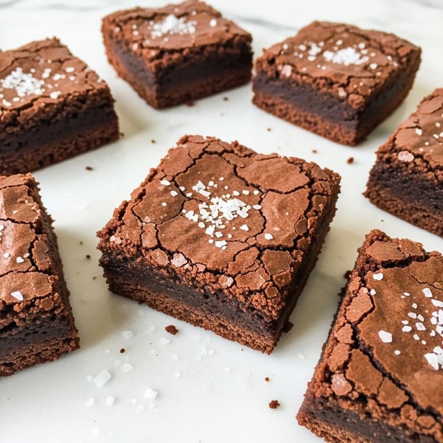 Several square chocolate brownies are placed on a white marbled surface, each showing a cracked, textured top layer that is dark brown with a slightly shiny finish. The brownies have a dense, chewy inner layer of a rich, darker brown, indicating a moist and fudgy texture. Coarse white salt flakes are sprinkled unevenly on the top of the brownies and around them on the surface, adding a visual contrast. The arrangement is casual, with some brownies overlapping slightly and others spaced apart. Photo taken with an iphone --ar 4:5 --v 7