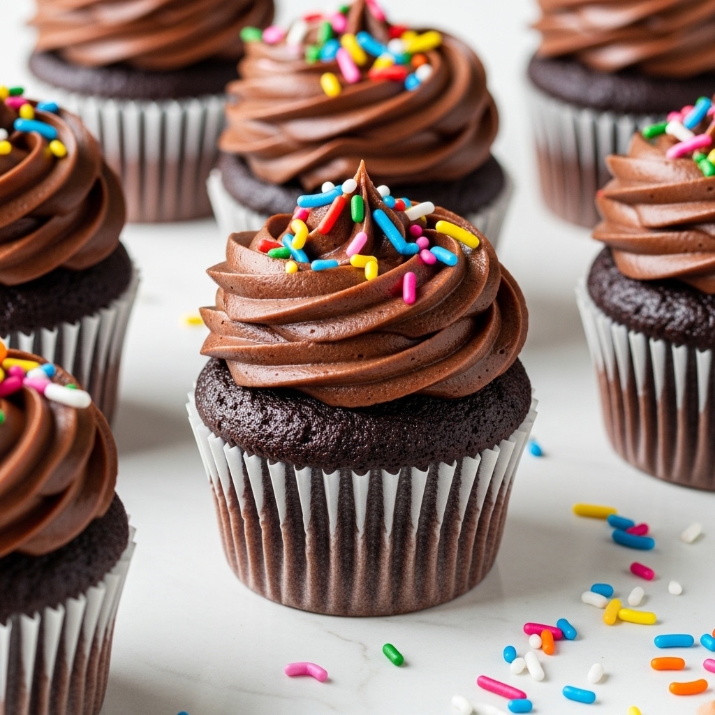 The image shows several chocolate cupcakes with two clear layers: the base is a dark chocolate cake that looks moist and dense with a slightly rough texture, and the top is a thick swirl of smooth, rich chocolate frosting with a glossy finish. The frosting on some cupcakes is decorated with colorful small round and long sprinkles in shades of red, yellow, green, blue, pink, and white, adding a bright contrast. The cupcakes are in white paper liners with vertical ridges, and they are placed on a white marbled surface that is also scattered with some loose sprinkles. Photo taken with an iphone --ar 4:5 --v 7