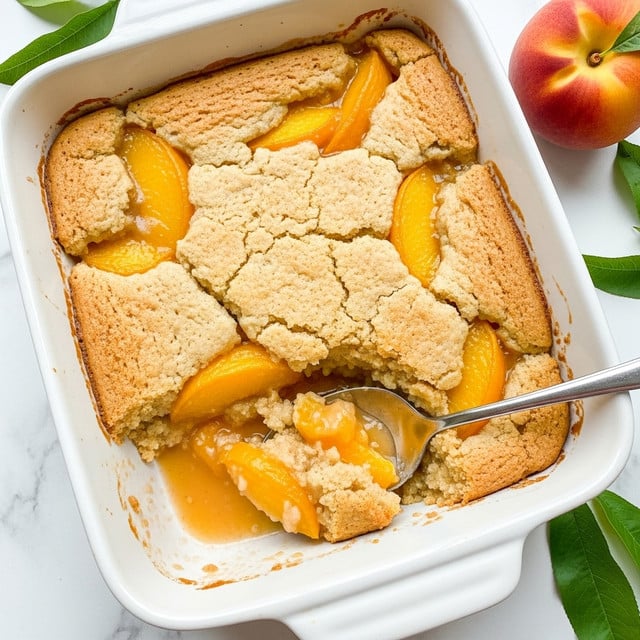 The image shows a white baking dish filled with a baked peach cobbler. The cobbler has a golden-brown, slightly crispy top layer with a smooth texture and some cracks. Underneath this top layer, there is a thick peach filling with soft, bright orange and yellow peach slices. A silver spoon is scooping out a portion, revealing the juicy peach pieces and crumbly dough beneath the top crust. The dish is placed on a white marbled surface, with a whole peach and some green leaves visible nearby. photo taken with an iphone --ar 4:5 --v 7