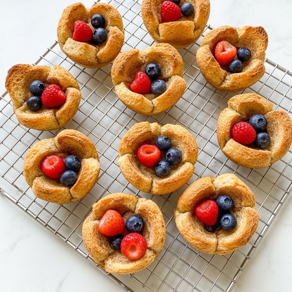 There are eleven small, round bread cups on a silver cooling rack, each made of toasted brown bread pieces baked together. Each cup has a mix of small red strawberry chunks and dark purple blueberries, some cups having more fruit than others. The bread has a golden brown, slightly crispy look with a soft inside. The cooling rack sits on a white marbled surface. photo taken with an iphone --ar 4:5 --v 7