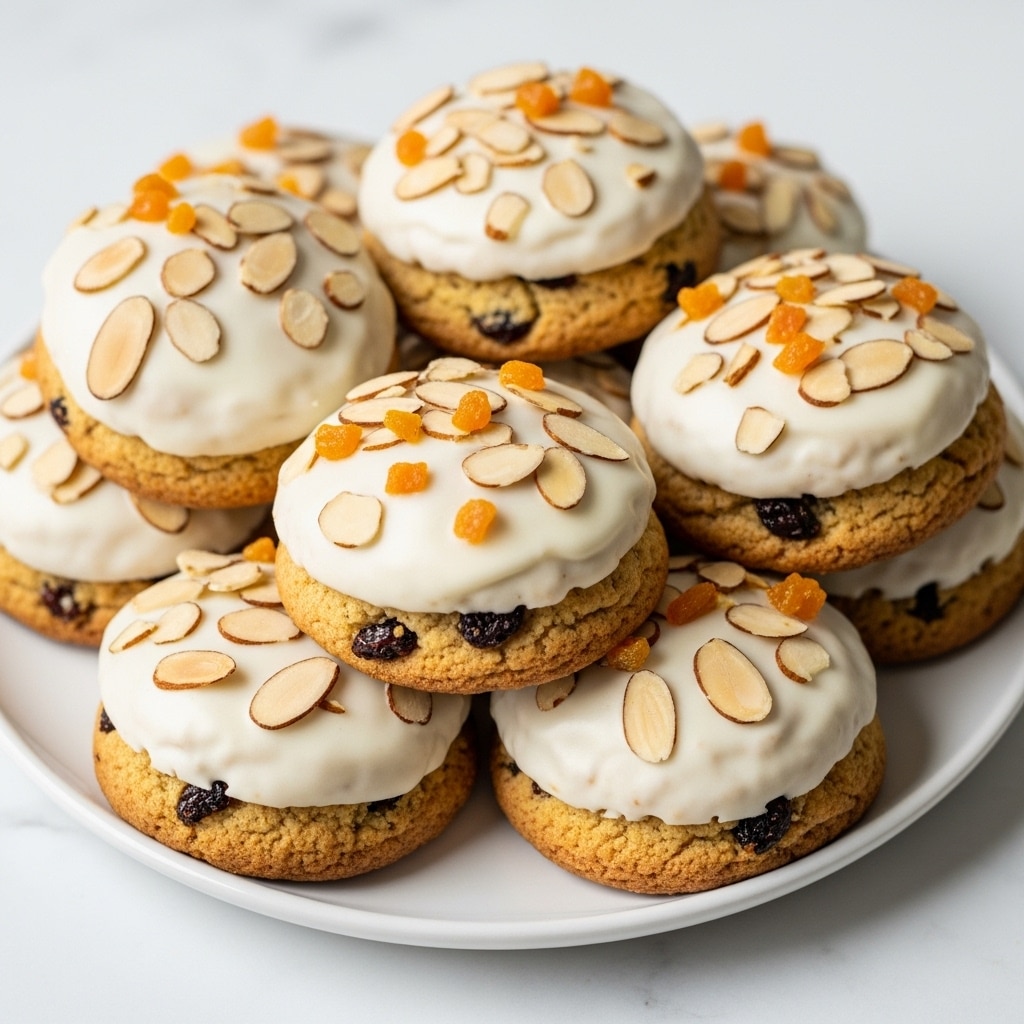 A group of round cookies is arranged on a white plate set on a white marbled surface. Each cookie has two layers: the base layer is a light, golden-brown cookie dough studded with dark dried fruit pieces, and the top layer is a smooth, glossy white icing that covers about half the cookie. On top of the icing, there are thin almond slices and small bright orange dried fruit bits scattered evenly. The textures contrast between the rough fruit pieces in the cookie base and the smooth, shiny icing with crunchy almond slices on top. photo taken with an iphone --ar 4:5 --v 7