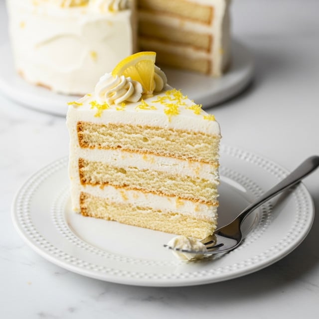 A slice of cake sits on a white plate with a faint dotted pattern, placed on a white marbled surface. The cake has five visible layers, alternating between light beige soft sponge and creamy white filling. The top layer is thick with smooth white cream, sprinkled with yellow lemon zest and topped with a small lemon wedge at the corner. A fork, smeared with cream, rests on the plate near the cake slice. Photo taken with an iphone --ar 4:5 --v 7