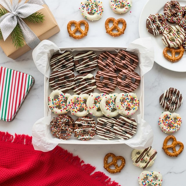 A white box lined with white parchment paper is filled with two layers of colorful pretzels: the first layer has dark brown pretzels covered fully with smooth chocolate and some with thin white chocolate stripes, while the second layer has pretzels covered in white chocolate with colorful round sprinkles and some dark chocolate drizzles. The box sits on a white marbled surface surrounded by scattered pretzels also decorated similarly, a white plate at the top right corner with more pretzels, a red fringed fabric at the bottom left, a wrapped brown gift box with a silver glittery bow and green twig at the top left, and a red, white, and green striped rectangular tin. photo taken with an iphone --ar 4:5 --v 7