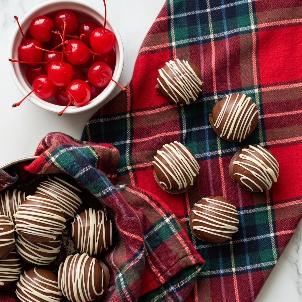 A red plaid cloth with dark green, blue, and white stripes is spread out, holding round chocolate truffles coated in smooth milk chocolate. Each truffle has white chocolate drizzled over it in thin, uneven lines and swirls. A few truffles rest directly on the cloth, while others are inside a metal container partially lined with the same cloth. To the top left, a white bowl holds bright red maraschino cherries with shiny surfaces and red stems. The entire scene is set on a white marbled texture. photo taken with an iphone --ar 4:5 --v 7
