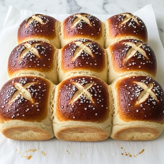 The image shows nine square soft pretzel rolls arranged in three rows on a white marbled textured surface lined with parchment paper. Each roll has a glossy, dark golden-brown top with coarse salt crystals sprinkled over it. The tops have shallow slashes creating simple patterns, revealing lighter, fluffy dough beneath. The sides of the rolls are a lighter golden-brown shade with a smooth and slightly puffy texture, showing a contrast to the dark tops. photo taken with an iphone --ar 4:5 --v 7