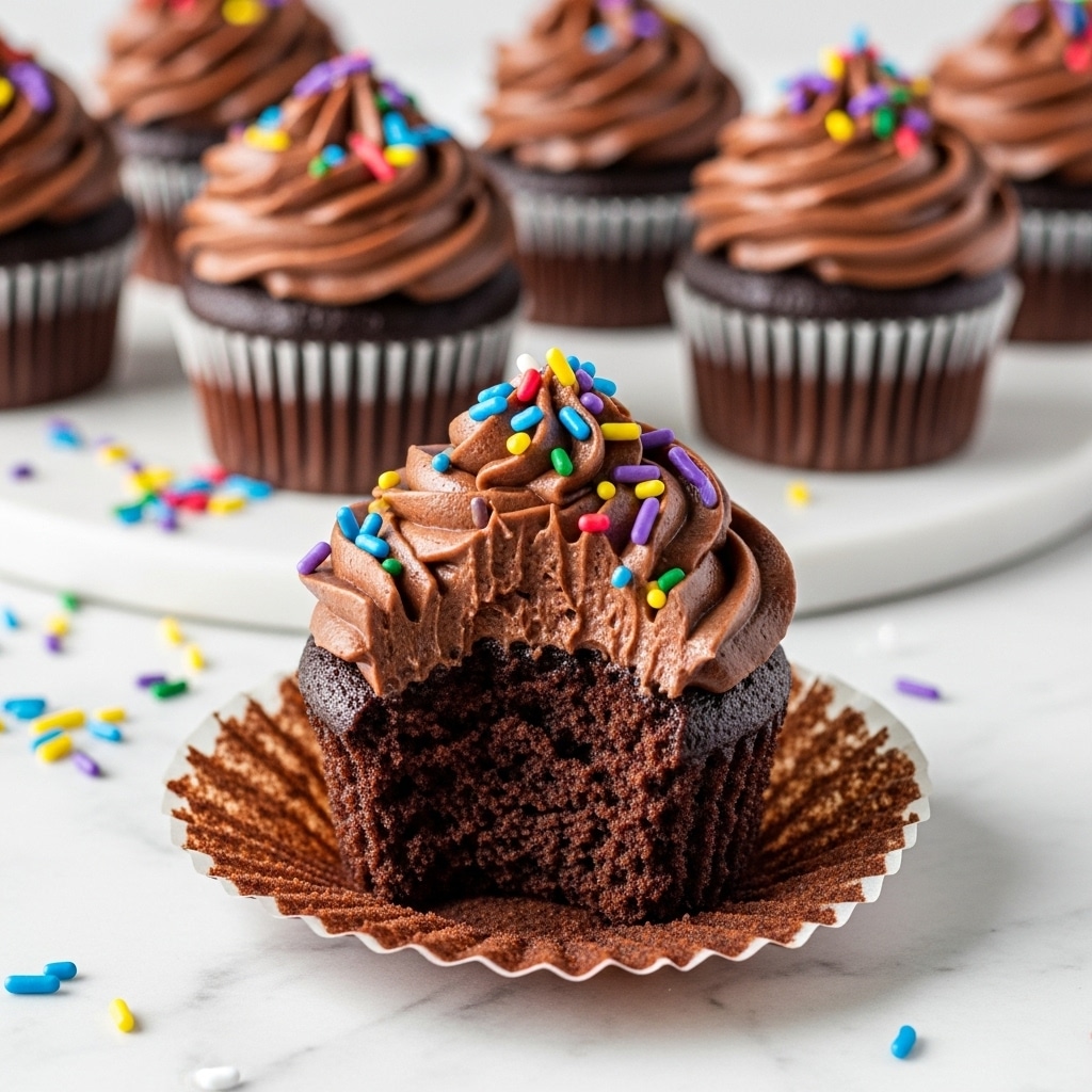A close-up of a chocolate cupcake with the white paper liner peeled down, showing a moist dark brown cake with a bitten side. On top, there is a thick layer of rich, swirled chocolate frosting decorated with colorful sprinkles in blue, red, purple, yellow, and green. In the blurry background, there are more whole chocolate cupcakes with the same frosting on a white marbled surface, along with some scattered sprinkles. Photo taken with an iphone --ar 4:5 --v 7
