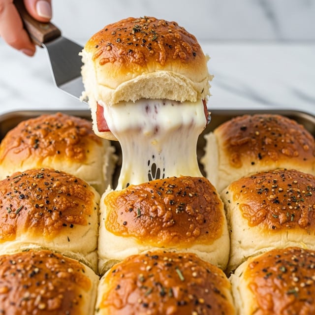 The image shows a close-up of a baking tray filled with nine golden-brown, round cheese-covered buns. Each bun's top is sprinkled with black pepper and herbs, creating a speckled texture on the shiny, slightly crispy surface. One bun is being lifted with a spatula by a woman's hand, revealing a thick layer of melted, stretchy white cheese dripping down from the middle, resting between the two halves of the soft, fluffy bun. The buns sit close together in the tray, and the background features a white marbled texture. photo taken with an iphone --ar 4:5 --v 7
