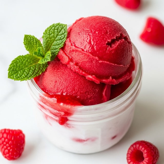 A small white glass jar filled with a single scoop of bright red raspberry sorbet, showing a smooth yet slightly icy texture. The sorbet almost overflows the jar's top edge with some syrupy red liquid inside. A sprig of fresh green mint leaves rests on the sorbet, adding contrast. Around the jar, a few fresh raspberries lie on a white marbled surface, with one raspberry partially visible in the bottom right and another blurred in the bottom left. The whole setup has a bright and fresh feel. photo taken with an iphone --ar 4:5 --v 7