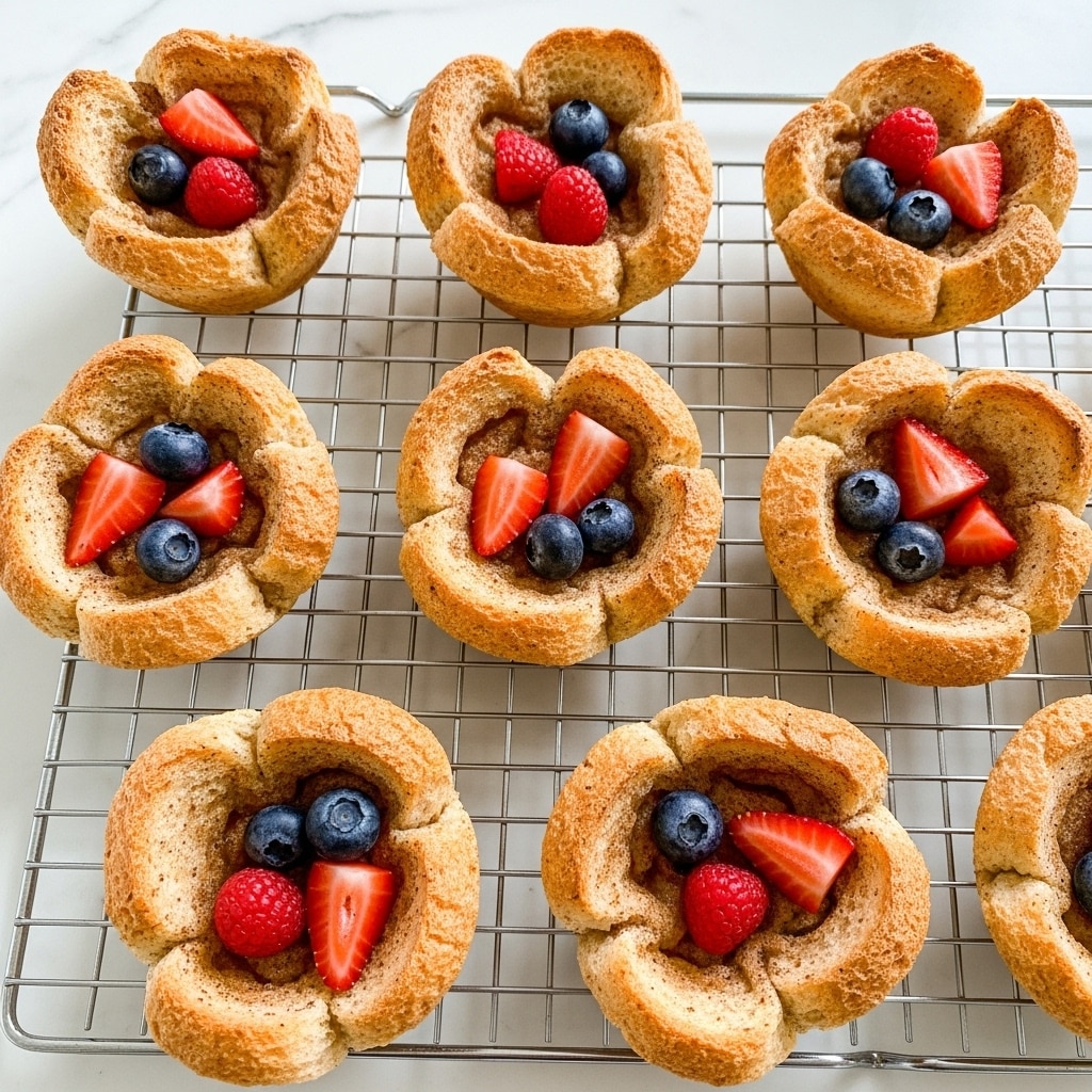 The image shows nine small bread pudding cups on a cooling rack placed over a white marbled surface. Each cup is made of light brown, baked bread chunks arranged in a round shape with uneven edges forming a shallow bowl. Inside each cup are three to four pieces of fresh fruit, mainly small red strawberry chunks and a few dark blueberries, adding bright red and deep blue colors on top. The bread looks soft and slightly toasted with a cinnamon-like dusting. The cooling rack’s silver wires run horizontally and vertically, lifting the cups above the surface. Photo taken with an iphone --ar 4:5 --v 7
