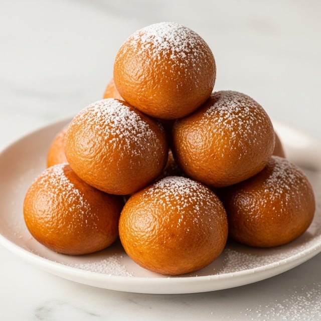 A close-up of five round, golden-brown dough balls stacked in a pyramid shape on a white plate with a dark inner surface; each dough ball has a slightly shiny texture showing a glaze or syrup coating, and they are lightly sprinkled with fine white powdered sugar, with extra powdered sugar scattered on the plate around the dough balls, all set on a white marbled surface. photo taken with an iphone --ar 4:5 --v 7