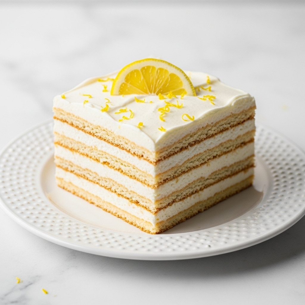 A square dessert with five visible layers sits on a white plate with a subtle dot pattern, placed on a white marbled surface. The dessert consists of alternating layers of light tan biscuits and creamy white filling, with the top layer being creamy white and slightly textured. On the top, there is a small wedge of lemon and some scattered lemon zest adding a fresh yellow accent. The dessert looks soft and moist, creating a simple but inviting contrast between the biscuits and creamy layers. Photo taken with an iphone --ar 4:5 --v 7