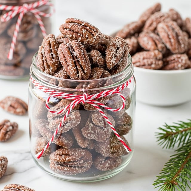 A clear glass jar filled with a pile of sugared pecans that have a rough, crystalline sugar coating giving them a textured look. The pecans are mostly brown with a light dusting of white sugar crystals. A red and white striped string is tied around the jar’s neck in a bow. In the background, there is another clear jar and a white bowl also filled with the sugared pecans. The setup is on a white marbled surface with a small green pine branch at the lower right corner. photo taken with an iphone --ar 4:5 --v 7