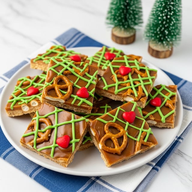A white plate holds a pile of Christmas-themed bark treats, each piece showing a mix of smooth, shiny caramel and pretzels shaped in circles or sticks embedded in the base. Bright green icing is drizzled lightly across the top, creating crisscross lines of smooth texture. Small red heart-shaped candies are placed in various spots on the bark, adding pops of bold color. The plate is set on a blue and white checkered cloth with two small green tinsel-like Christmas trees in wooden bases in the background, all on a white marbled surface. photo taken with an iphone --ar 4:5 --v 7