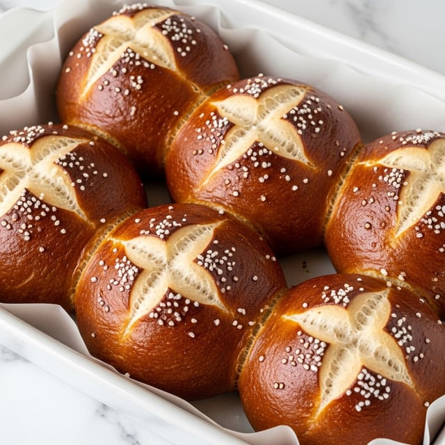The image shows six golden brown pretzel rolls in a white baking dish lined with parchment paper. Each roll has a smooth, shiny, deep brown crust topped with coarse salt crystals and distinct lighter slashes on the top. The rolls are slightly touching each other, giving a warm, freshly baked feel. The white baking dish contrasts with the rich color of the rolls, and the background is a white marbled texture. The lighting highlights the salt and crispy texture of the crust, making the rolls appear soft inside. Photo taken with an iphone --ar 4:5 --v 7